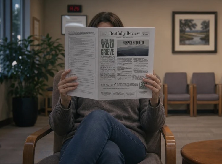 Someone in a waiting room reading an issue of the Restfully Review.